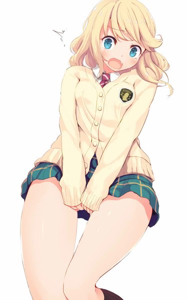 Anime picture 702x1125 with kanban musume esia mariveninne komone ushio single long hair tall image looking at viewer blush open mouth blue eyes blonde hair simple background white background from below plaid skirt covering crotch girl skirt uniform school uniform