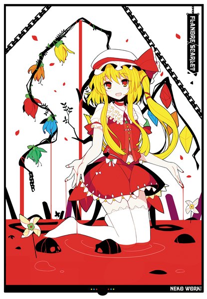 Anime picture 1111x1606 with touhou flandre scarlet ideolo single long hair tall image looking at viewer blush fringe open mouth blonde hair red eyes kneeling alternate hairstyle alternate wings girl thighhighs skirt flower (flowers) petals