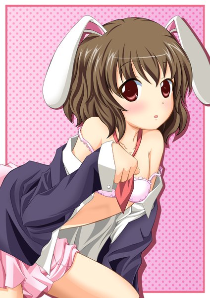 Anime picture 1024x1450 with touhou inaba tewi neats (artist) single tall image blush short hair open mouth light erotic red eyes brown hair open clothes bunny ears open shirt girl skirt miniskirt