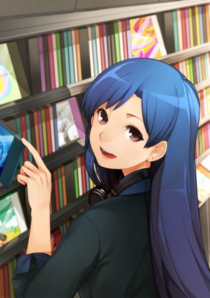 Anime picture 1000x1414 with idolmaster kisaragi chihaya hitoto single long hair tall image looking at viewer open mouth smile brown eyes blue hair looking back girl headphones cd