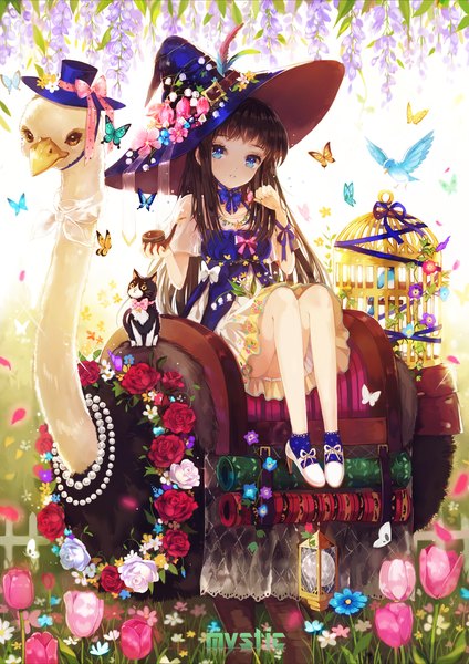Anime picture 1200x1698 with original dangmill single long hair tall image looking at viewer fringe blue eyes black hair sitting full body girl dress flower (flowers) hat animal bird (birds) rose (roses) insect butterfly