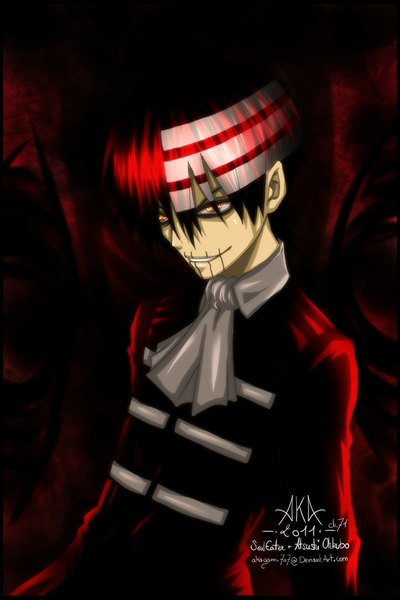Anime picture 734x1100 with soul eater studio bones death the kid akagami707 single tall image short hair black hair smile red eyes red hair multicolored hair inscription streaked hair coloring boy