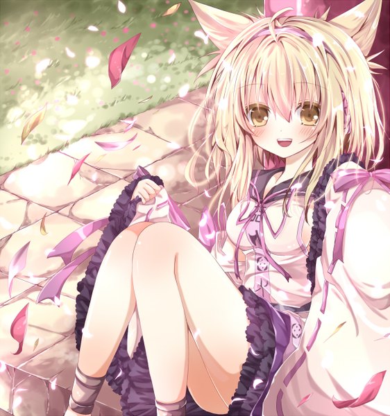 Anime picture 1199x1280 with touhou toyosatomimi no miko nanase nao single long hair tall image looking at viewer blush open mouth blonde hair animal ears yellow eyes legs girl dress petals frills headphones