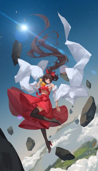 Anime picture 1156x2000 with touhou hakurei reimu kuuu single long hair tall image looking at viewer black hair brown eyes cloud (clouds) traditional clothes japanese clothes lens flare flying miko girl thighhighs skirt bow black thighhighs