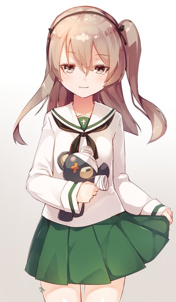 Anime picture 586x1000 with girls und panzer shimada arisu boko (girls und panzer) meth (emethmeth) single long hair tall image looking at viewer blush fringe simple background hair between eyes brown hair holding brown eyes signed pleated skirt light smile grey background one side up