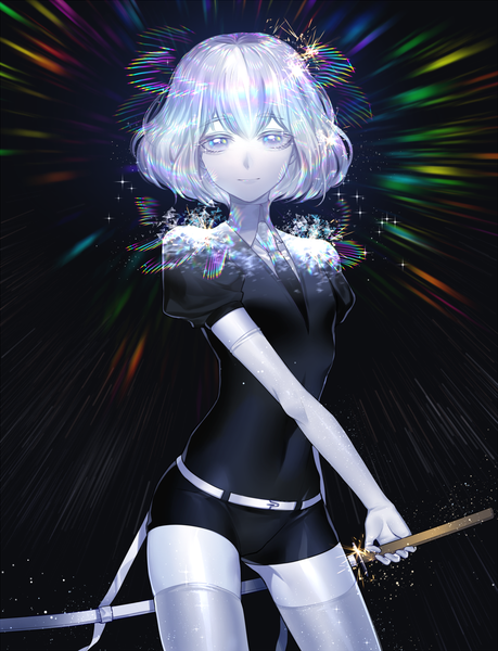 Anime picture 1500x1961 with houseki no kuni diamond (houseki no kuni) cao hong anh single tall image looking at viewer short hair simple background silver hair puffy sleeves black background silver eyes shiny androgynous unsheathing thighhighs gloves weapon sword elbow gloves