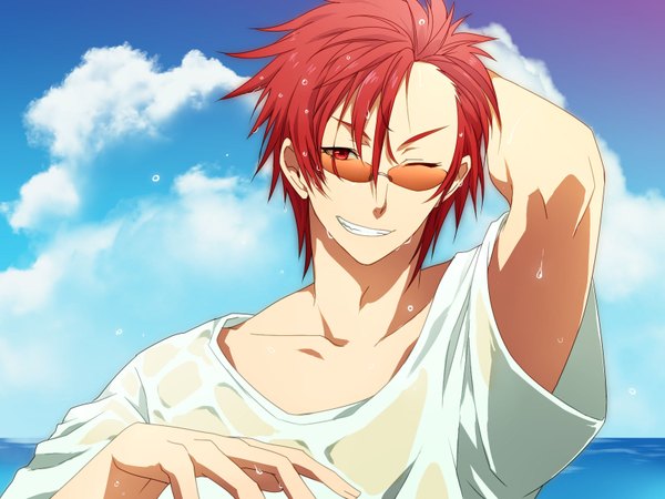 Anime picture 1600x1200 with original sakuryuugai (artist) single looking at viewer short hair smile red eyes sky cloud (clouds) red hair one eye closed wink wet boy sea sunglasses t-shirt