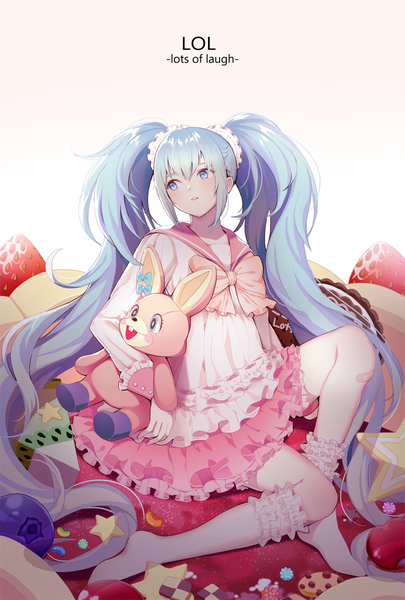 Anime picture 750x1109 with vocaloid lol -lots of laugh- (vocaloid) hatsune miku gotmil single tall image blue eyes twintails blue hair looking away very long hair bandaid on leg girl dress socks food sweets white socks toy stuffed animal