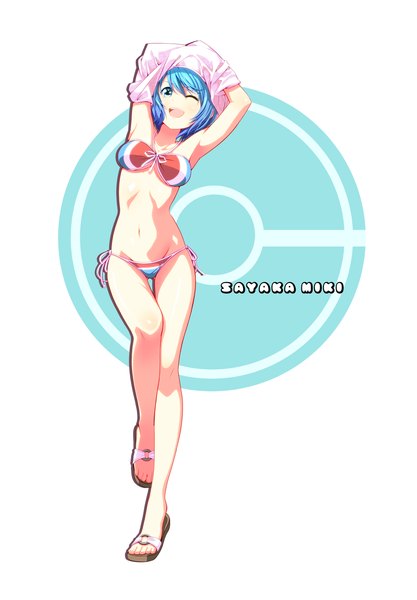 Anime picture 1000x1439 with mahou shoujo madoka magica shaft (studio) miki sayaka tsukumo single tall image short hair open mouth blue eyes light erotic blue hair one eye closed wink girl navel swimsuit bikini