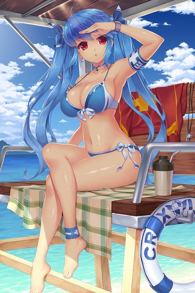 Anime picture 733x1100 with sword girls luthica preventer loneteel single long hair tall image looking at viewer breasts light erotic red eyes sitting twintails blue hair sky cloud (clouds) midriff crossed legs girl navel swimsuit