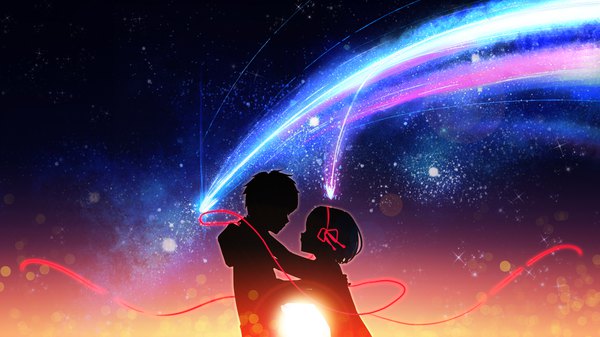 Anime picture 1920x1080 with kimi no na wa miyamizu mitsuha tachibana taki the cold highres short hair wide image profile night sparkle wallpaper night sky lens flare evening sunset face to face silhouette hand on another's shoulder shooting star girl
