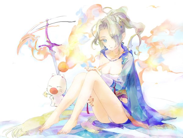 Anime picture 1618x1220 with final fantasy dissidia final fantasy square enix tina branford mog shako (artist) long hair fringe blue eyes light erotic blonde hair sitting nail polish barefoot hair over one eye magic pantyshot sitting girl flower (flowers) sword