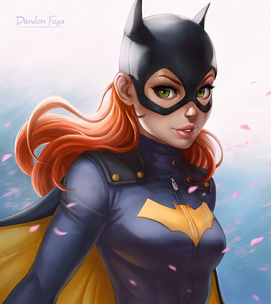 Anime picture 800x896 with batman dc comics batgirl dandon fuga single long hair tall image looking at viewer breasts green eyes upper body lips orange hair realistic superhero girl petals cloak mask suit