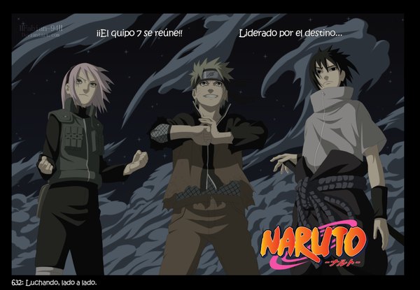 Anime picture 3876x2685 with naruto studio pierrot naruto (series) uzumaki naruto uchiha sasuke haruno sakura fabiansm highres short hair black hair blonde hair smile pink hair absurdres black eyes inscription grey eyes night sky coloring torn clothes