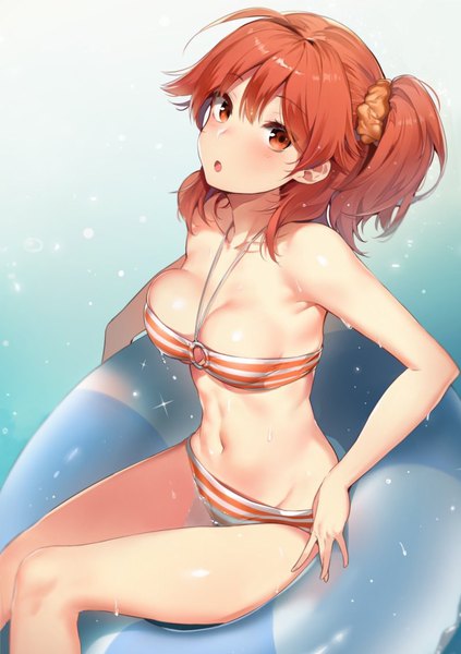 Anime picture 800x1135 with fate (series) fate/grand order fujimaru ritsuka (female) yuran (cozyquilt) single tall image looking at viewer blush fringe short hair breasts open mouth light erotic hair between eyes red eyes large breasts ahoge red hair head tilt from above