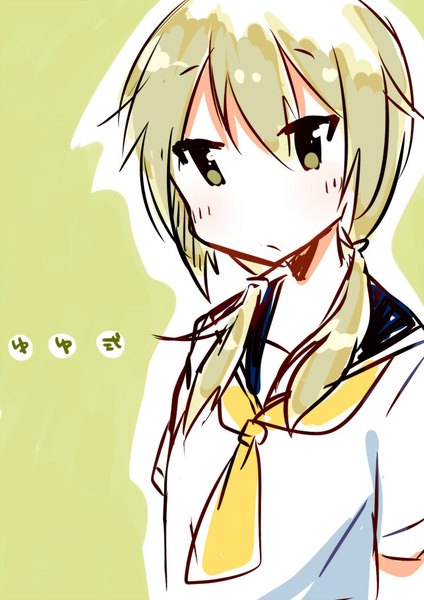 Anime picture 744x1052 with yuyushiki ichii yui asanagi kurumi (panda-doufu) single long hair tall image looking at viewer fringe blonde hair simple background hair between eyes twintails brown eyes upper body copyright name low twintails green background no nose girl uniform