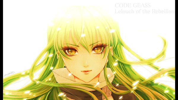 Anime picture 1600x900 with code geass sunrise (studio) c.c. motako (motamota) single long hair fringe simple background wide image white background signed yellow eyes green hair inscription glowing close-up girl
