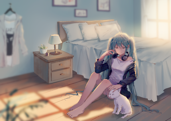 Anime picture 1929x1364 with vocaloid hatsune miku yuu mo fringe highres hair between eyes sitting twintails payot bent knee (knees) very long hair aqua eyes blurry aqua hair off shoulder depth of field looking down floor girl animal
