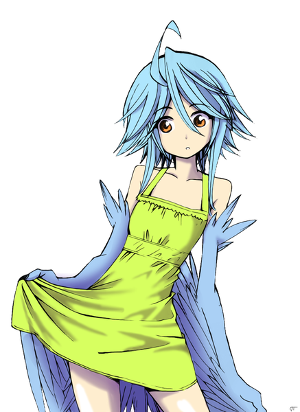 Anime picture 872x1195 with monster musume no iru nichijou papi (monster musume) tagme (artist) single tall image looking at viewer fringe short hair hair between eyes standing bare shoulders brown eyes blue hair ahoge upper body bare legs loli transparent background girl dress