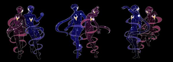 Anime picture 2733x989 with bishoujo senshi sailor moon toei animation seiya kou yaten kou taiki kou smeadows (artist) long hair highres simple background wide image standing multiple girls full body bent knee (knees) arm up multiple boys black background standing on one leg silhouette genderswap