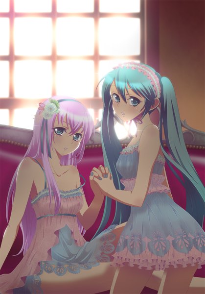 Anime picture 700x1002 with vocaloid hatsune miku megurine luka yunca long hair tall image looking at viewer blush twintails bare shoulders multiple girls pink hair aqua eyes aqua hair girl dress 2 girls hairband couch
