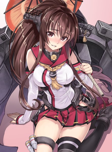 Anime picture 1474x2000 with kantai collection yamato super battleship matsuryuu single tall image looking at viewer blush simple background brown hair sitting holding brown eyes ponytail traditional clothes japanese clothes wariza girl thighhighs skirt miniskirt