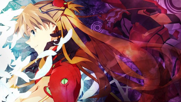 Anime picture 1920x1080 with neon genesis evangelion rebuild of evangelion gainax soryu asuka langley eva 02 nanao (mahaya) facelessvixen single long hair highres blue eyes brown hair wide image profile light smile wind wallpaper girl hair ornament feather (feathers)