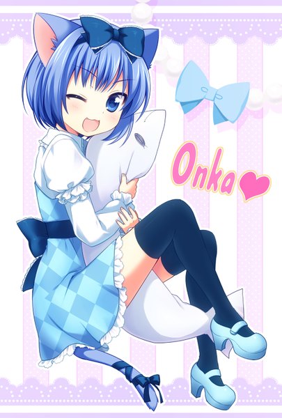 Anime picture 1033x1529 with original onka usashiro mani single tall image short hair open mouth blue eyes animal ears blue hair one eye closed wink cat ears cat girl cat tail loli :3 girl thighhighs bow