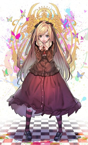 Anime picture 609x1000 with original koyoi mitsuki single long hair tall image blue eyes blonde hair standing brown eyes shadow heterochromia checkered floor floor girl dress ribbon (ribbons) hair ribbon pantyhose tongue insect