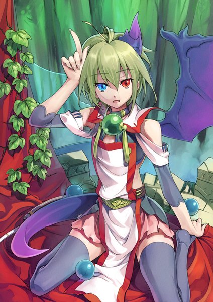 Anime picture 820x1160 with original ryuutetsu single tall image fringe short hair open mouth hair between eyes sitting full body ahoge tail horn (horns) green hair from above zettai ryouiki heterochromia wariza single wing asymmetrical wings