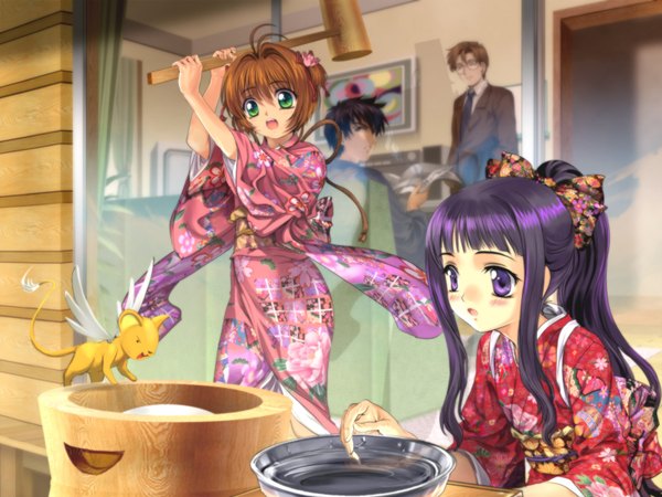 Anime picture 1600x1200 with card captor sakura clamp kinomoto sakura daidouji tomoyo kero kinomoto touya kinomoto fujitaka mutsuki (moonknives) japanese clothes two side up yukata