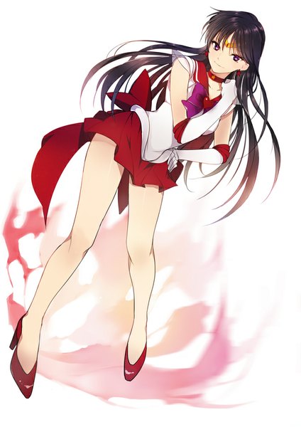 Anime picture 672x950 with bishoujo senshi sailor moon toei animation hino rei sailor mars super sailor mars lpip single long hair tall image looking at viewer black hair simple background smile white background purple eyes full body hand on hip magical girl girl gloves