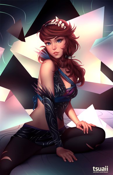 Anime picture 660x1020 with original tsuaii single long hair tall image looking at viewer blue eyes brown hair sitting bare shoulders signed bent knee (knees) nail polish parted lips lips realistic inscription midriff hand on hip torn clothes