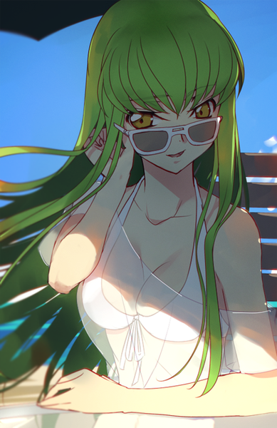 Anime picture 519x800 with code geass sunrise (studio) c.c. creayus single long hair tall image looking at viewer fringe breasts open mouth light erotic sitting bare shoulders yellow eyes sky cloud (clouds) upper body head tilt green hair