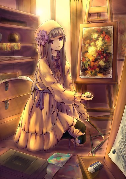 Anime picture 2480x3507 with original horai no han gengetsu single long hair tall image looking at viewer highres purple eyes grey hair girl thighhighs dress black thighhighs window curtains picture paintbrush paint art brush eraser