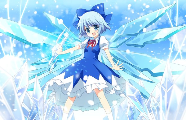 Anime picture 1200x776 with touhou cirno kurot single short hair open mouth blue eyes blue hair snowing girl dress bow hair bow wings ice