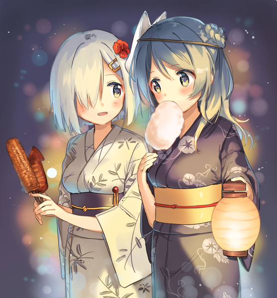 Anime picture 2712x2924 with kantai collection hamakaze destroyer urakaze destroyer zuho (vega) long hair tall image blush fringe highres short hair open mouth multiple girls green eyes blue hair silver hair traditional clothes :d japanese clothes hair flower hair over one eye
