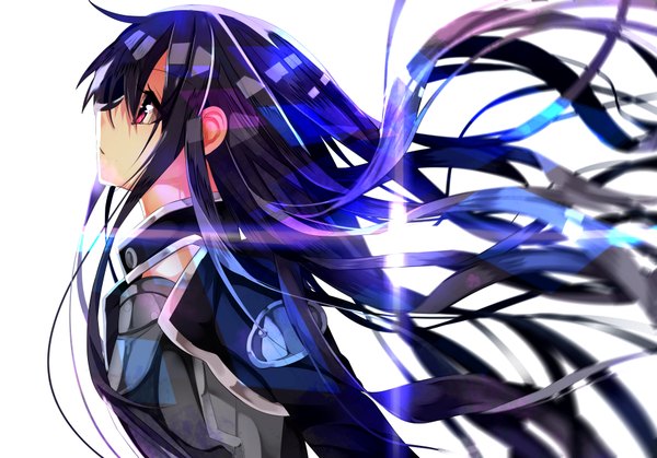 Anime picture 1827x1278 with sword art online a-1 pictures kirigaya kazuto nekoboshi sakko single long hair fringe highres black hair simple background red eyes white background blue hair looking away purple hair profile multicolored hair open clothes open jacket light