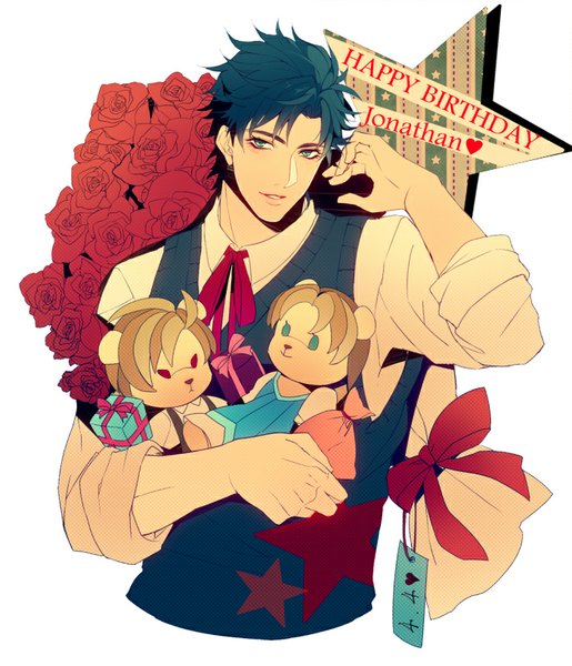 Anime picture 700x816 with jojo no kimyou na bouken dio brando jonathan joestar erina pendleton takashi (huzakenna) single tall image looking at viewer short hair blue eyes simple background white background blue hair parted lips light smile happy birthday twisty sleeves boy flower (flowers) shirt