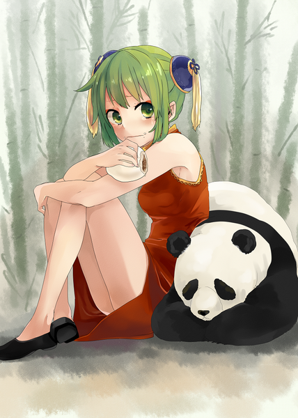 Anime picture 777x1088 with vocaloid yie ar fan club (vocaloid) gumi kuronyanko tall image blush short hair sitting green eyes green hair sleeveless chinese clothes nature leg hug bamboo forest girl dress hair ornament plant (plants) animal