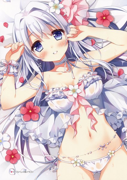 Anime picture 2123x3002 with original pan (mimi) single long hair tall image looking at viewer blush fringe highres breasts blue eyes light erotic smile large breasts bare shoulders silver hair lying parted lips hair flower on back
