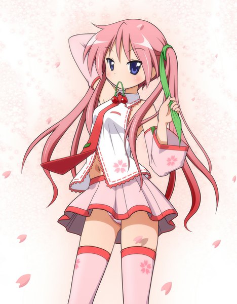 Anime picture 858x1100 with lucky star kyoto animation hiiragi kagami mel (melty pot) single long hair tall image blue eyes light erotic bare shoulders holding pink hair arms up mouth hold sakura miku (cosplay) girl thighhighs navel underwear panties