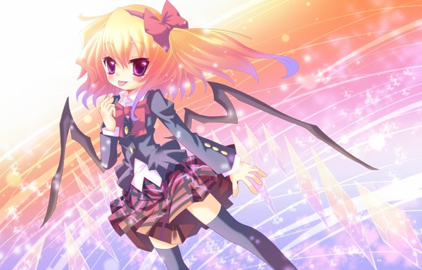 Anime picture 1561x1000 with touhou flandre scarlet cicin (artist) blonde hair red eyes one side up girl thighhighs skirt bow hair bow miniskirt wings tongue