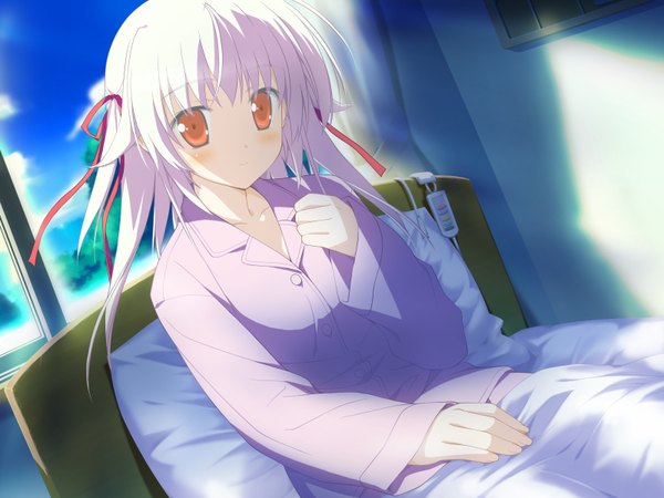 Anime picture 1600x1200 with hoshizora no memoria ototsu yume shida kazuhiro single looking at viewer blush short hair red eyes sitting pink hair game cg sky light smile girl ribbon (ribbons) hair ribbon window pillow bed pajamas