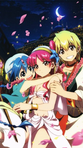 Anime picture 640x1136 with magi the labyrinth of magic a-1 pictures morgiana aladdin (magi) ali baba saluja long hair tall image looking at viewer blush short hair open mouth blue eyes light erotic blonde hair smile red eyes yellow eyes blue hair pink hair cloud (clouds)