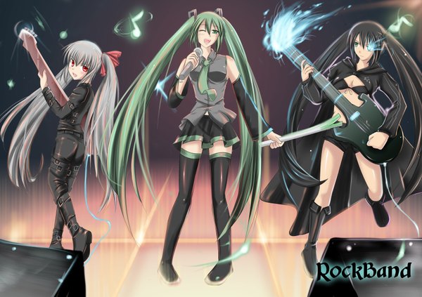 Anime picture 3504x2472 with black rock shooter vocaloid hatsune miku black rock shooter (character) kooh highres twintails girl guitar