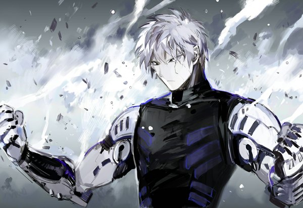 Anime picture 1000x685 with one-punch man madhouse genos star shadow magician starshadowmagician single short hair looking away silver hair steam serious mechanical arms black sclera crack boy t-shirt fist cyborg