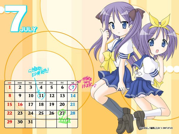 Anime picture 1024x768 with lucky star kyoto animation hiiragi kagami hiiragi tsukasa twins girl calendar