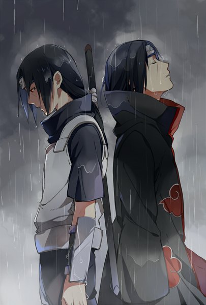 Anime picture 800x1184 with naruto studio pierrot naruto (series) uchiha itachi ekkoe single long hair tall image black hair red eyes looking away eyes closed parted lips head tilt profile grey background wet rain akatsuki sharingan