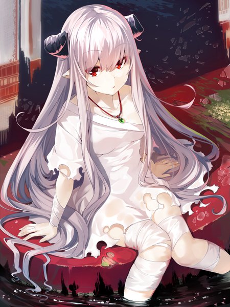 Anime picture 600x800 with original yuuji (yukimimi) single long hair tall image looking at viewer fringe light erotic hair between eyes red eyes sitting silver hair pointy ears arm support torn clothes demon girl soaking feet knees together feet apart girl dress